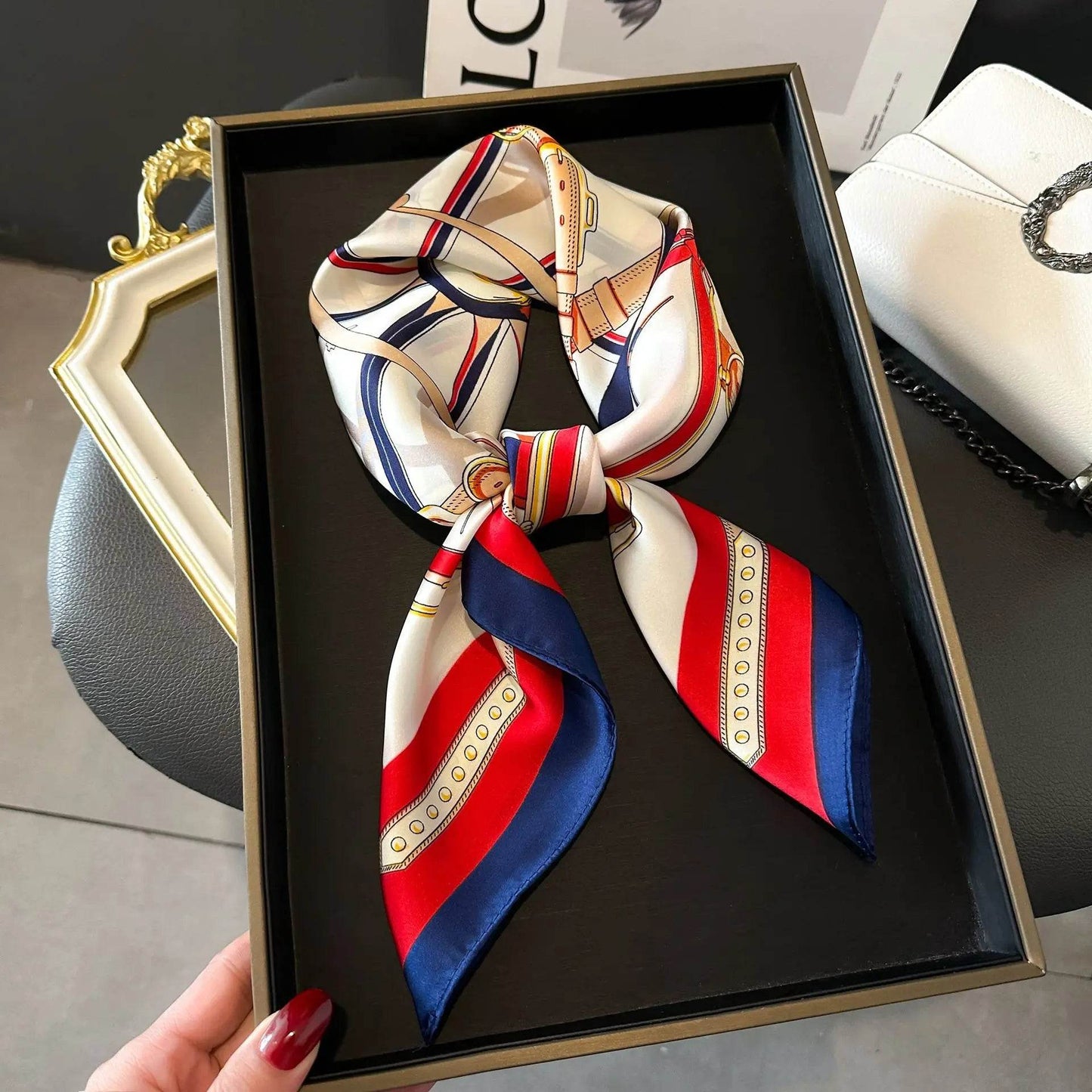 Luxury Chain Print Small Square Scarf Simulated Silk Thin Neck Scarf Fashion Sunscreen Headscarf For Women 70x70cm - AIAZ