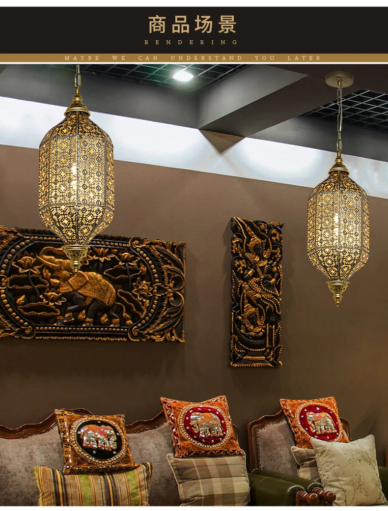 Vintage Antique Hollow Carving Pendant Lamp Southeast Asia Moroccan Golden Hanging Light Restaurant Bar Industrial Pendant Light