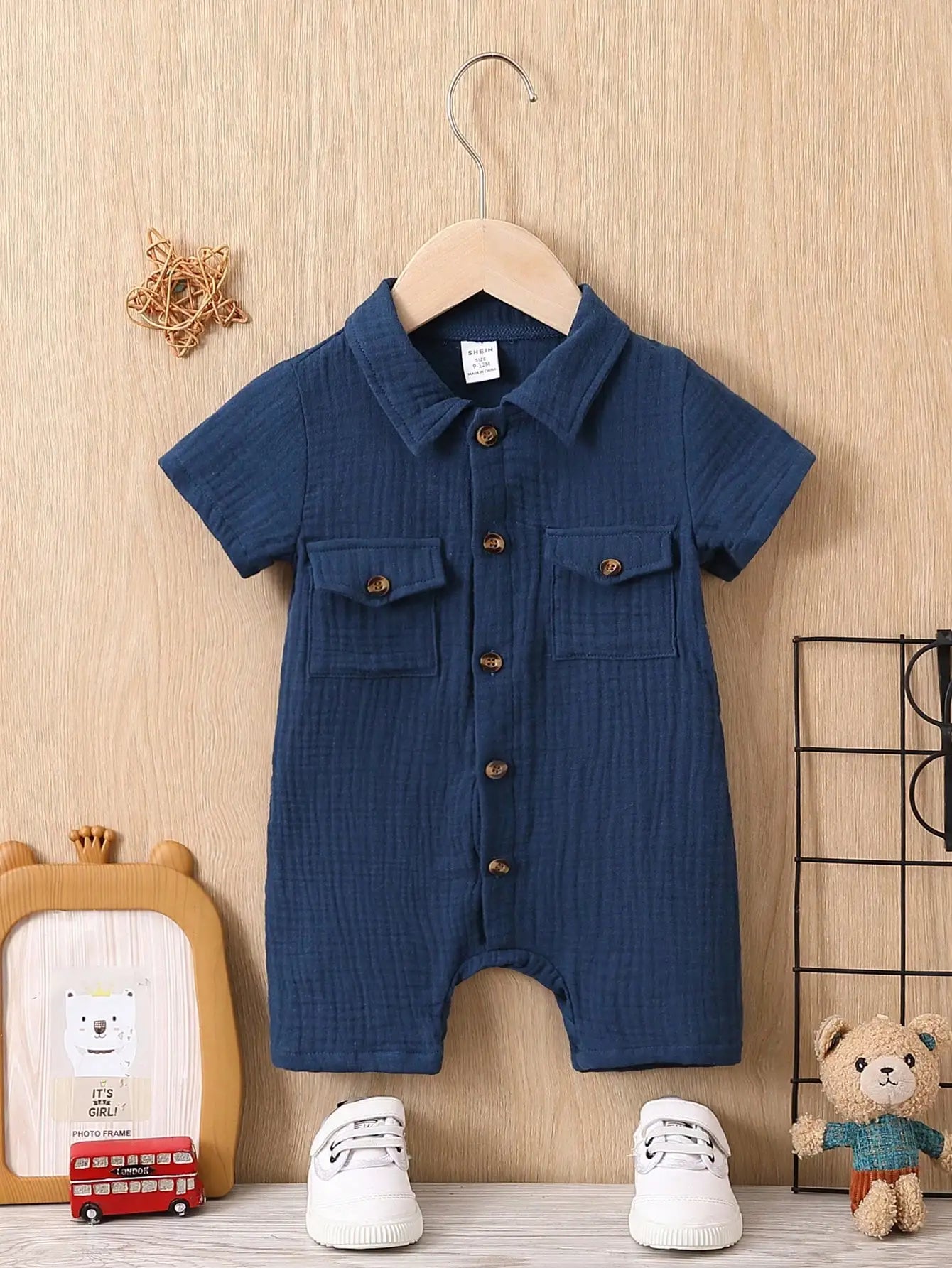 Summer Casual Comfort Soft Solid Color Simple Cotton Short Sleeve Romper Baby Girl Pocket Fashion Baby Boy Romper