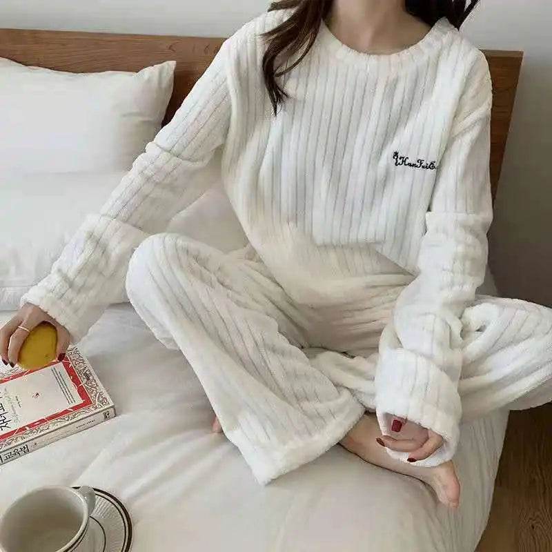 Autumn Women Solid Warm 2 Piece Sets Thicken Velvet Ribbed Fleece Set Pullover And Pants Women Casual Pajama Sets 2024 - AIAZ