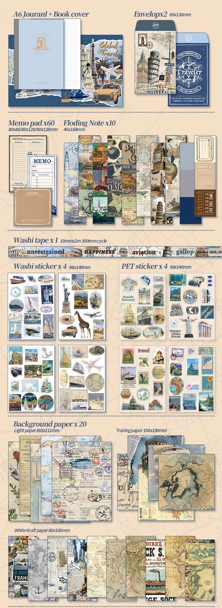 154 Pcs Vintage travel Handbook Gift Boxes School Student Reward Small Gifts Children's Gifts Scrapbook Supplies Stationery Set - AIAZ