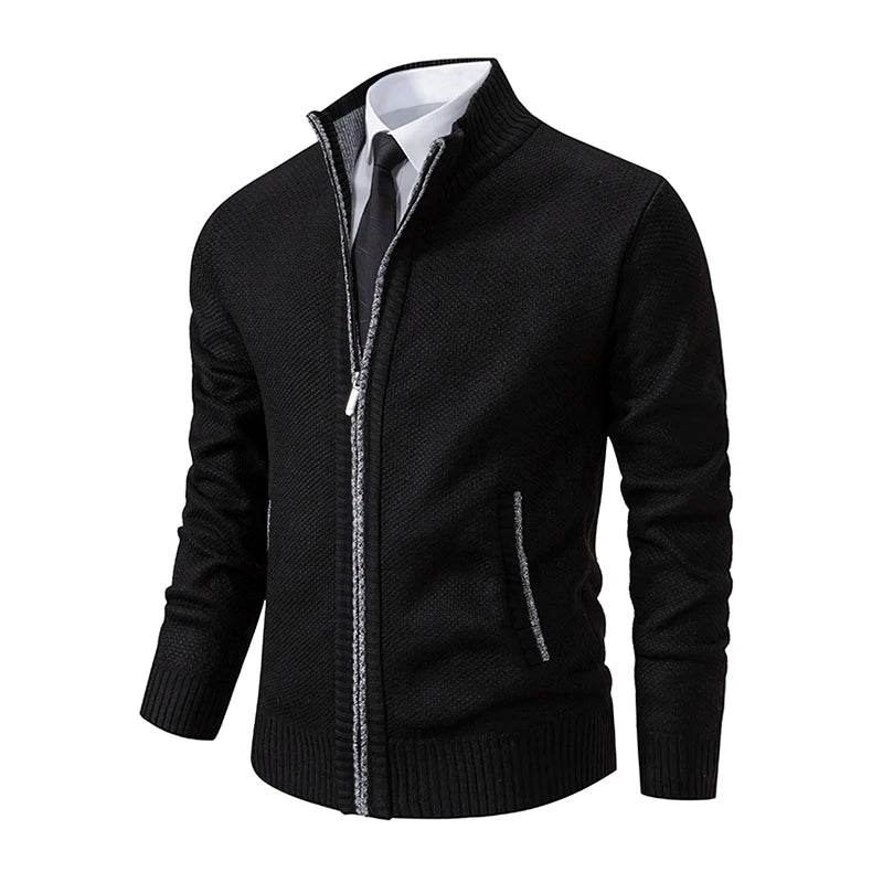 Autumn And Winter New Jersey Men's Casual Sports Coat Solid Color Stand Collar Wweater Grab Fleece Warm Zipper Cardigan - AIAZ