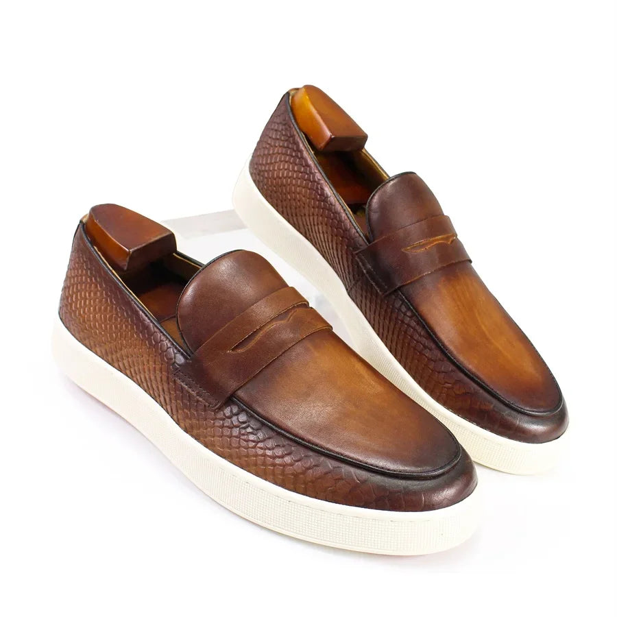 Handmade Genuine Leather Men's Loafers Red Crocodile Pattern Penny Slip-On Dress Flats for Office Wedding Party