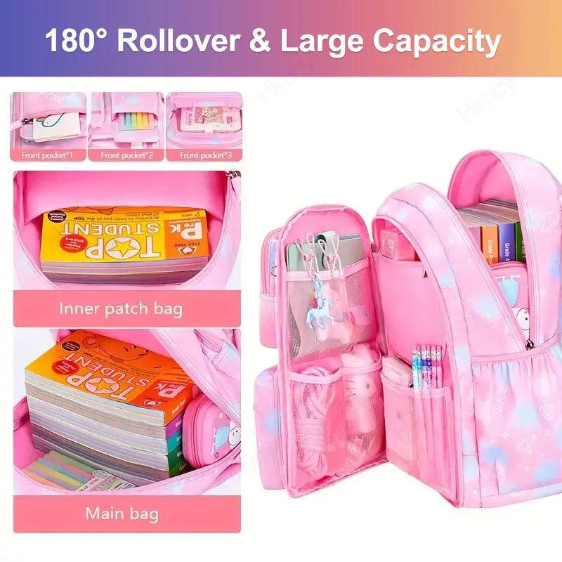 School Backpacks for Girls Child Cute Candy Color Shoulder Bag with Large Capacity Side-Open Backpack - AIAZ