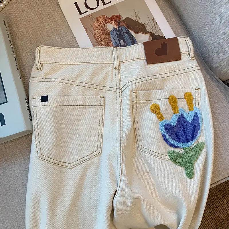 White Jeans For Women Spring High Waist Fashion Flower Design Straight Denim Pants Chic Loose Wide Leg Casual Trousers - AIAZ