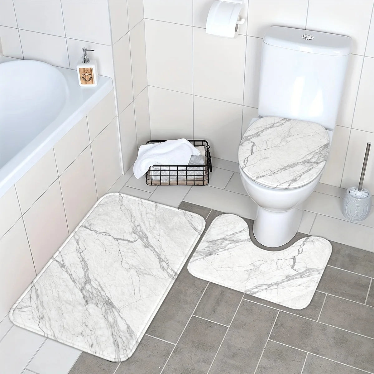 3PCS Marble Bath Mat Set  Non-Slip Machine Washable Includes Floor Mat & Toilet Cover Christmas Decor Polyester Bathroom Upgrade
