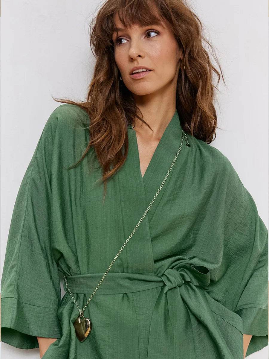 Mozuleva Women's Long Sleeved Pajama Set New Autumn Green Lace Up Pajamas Loose Pants Leisure Home Clothing 2-piece Set - AIAZ