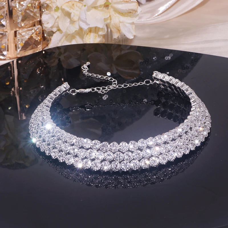 Classic Rhinestone Crystal Choker Necklace Earrings and Bracelet Set for Women Silver Color Bridal Wedding Party Jewelry Sets