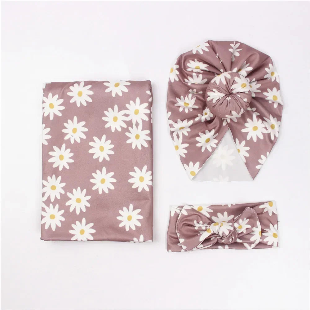 3pc/set Baby Swaddle Wrap New Born Receiving Blanket for Newborn Babies Accessories Soft Floral Headband Hat Bedding Baby Items