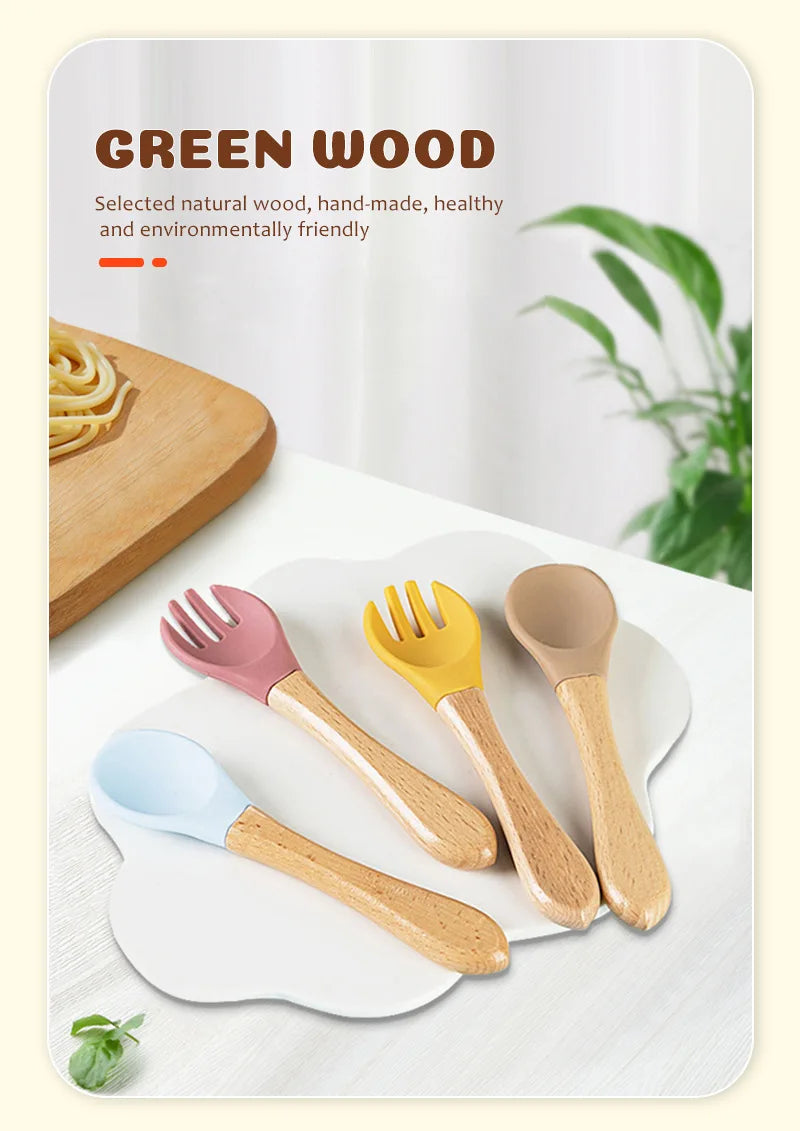 Custom Name Personalized Baby Bamboo Fork Silicone Wooden Feeding Spoon Toddlers Infant Feeding Accessories Organic BPA Free