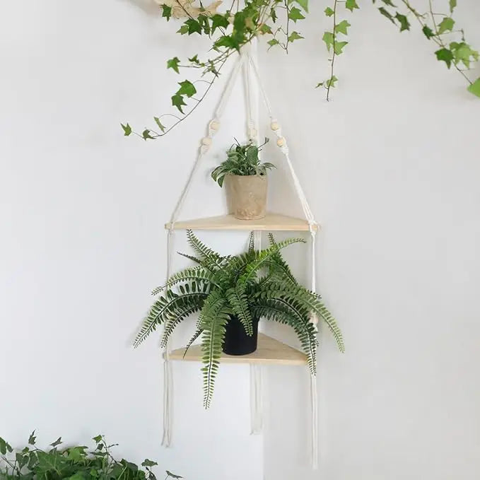 Corner Shelf Macrame Wall Hanging Wood Floating Shelves Rustic Boho Wall Shelf Decor Storage Rack for Plants Pots Photo Frames
