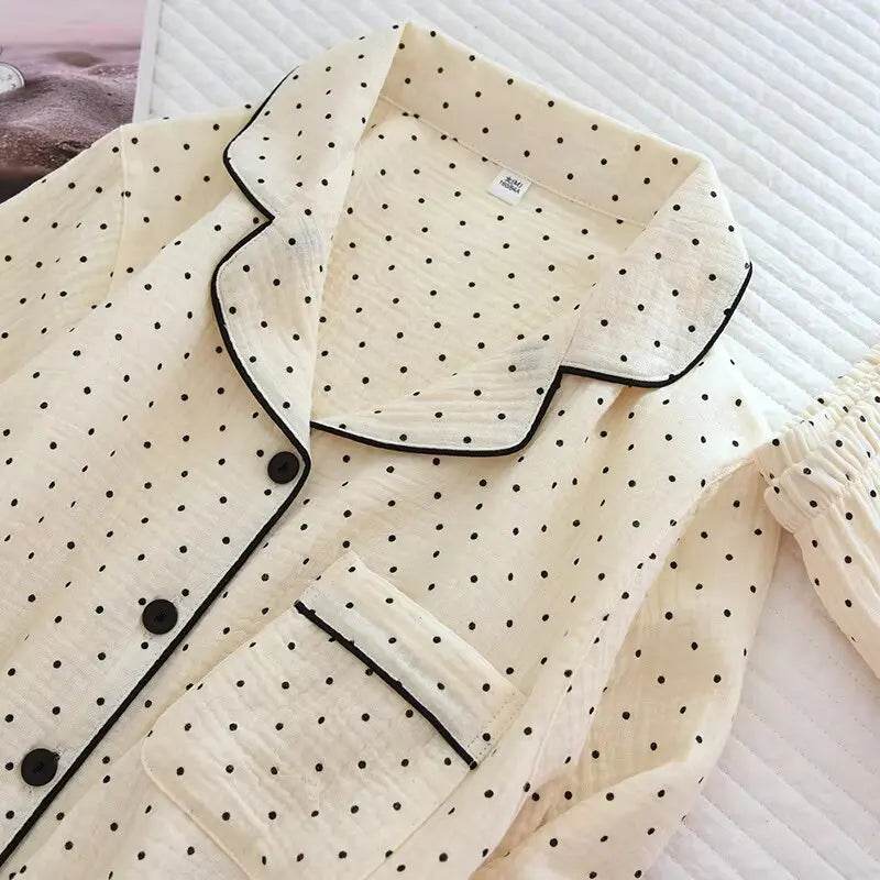 2025 Spring and Autumn New Women's Pajama Set 100%cotton crepe long-sleeved trousers two-piece polka dot cute home wear thin set - AIAZ