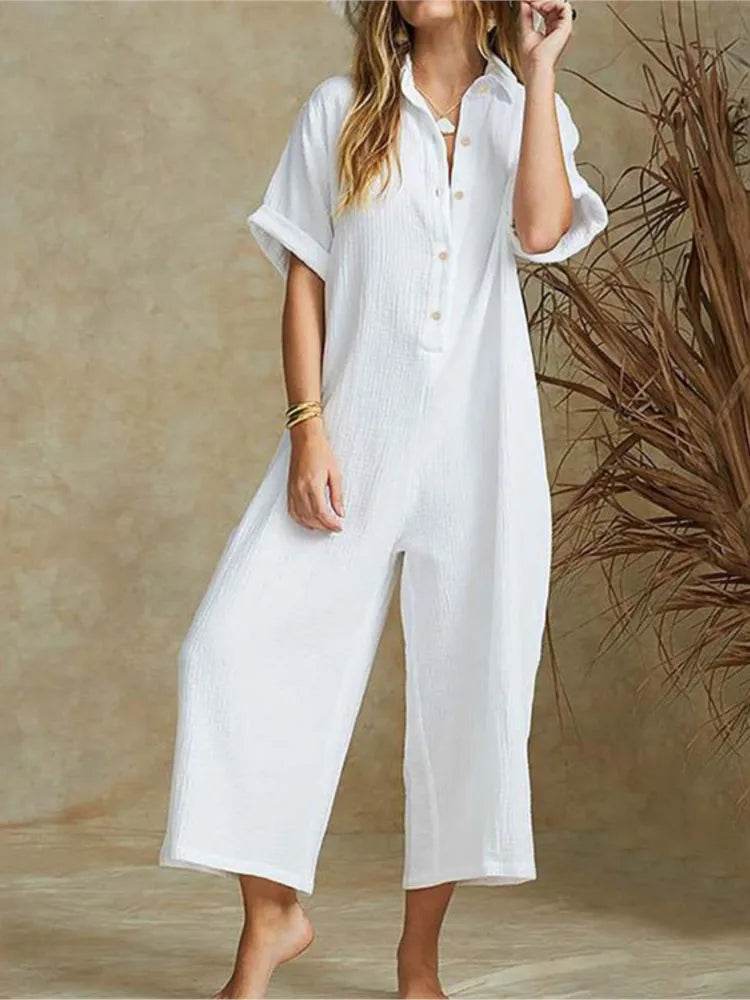 Summer Casual Workwear Jumpsuit Cotton And Linen Women's Trousers Spring Summer Elegant Office Lady Loose Simple Jumpsuits - AIAZ