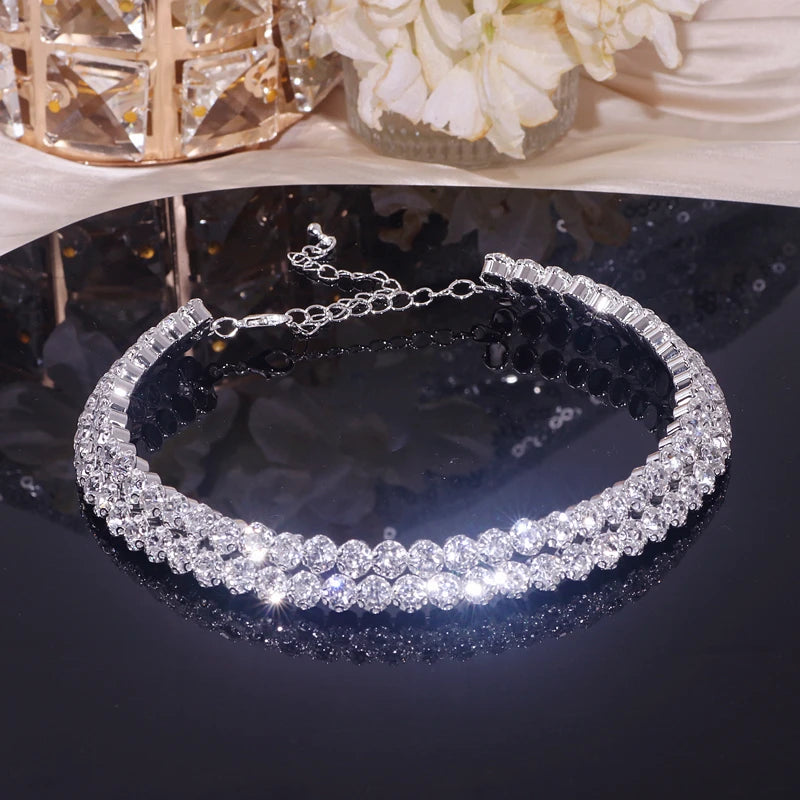 Classic Rhinestone Crystal Choker Necklace Earrings and Bracelet Set for Women Silver Color Bridal Wedding Party Jewelry Sets