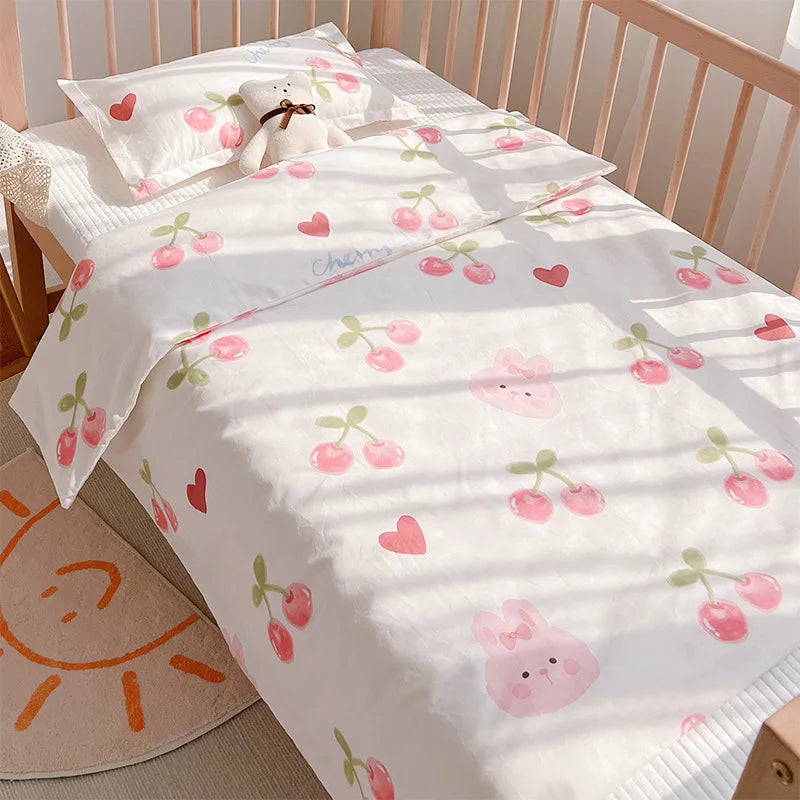 3Pcs Set Newborn Baby Cot Sheet Duvet Cover Case Pillowcase Cotton Cartoon Print Crib Flat Bed Sheet Infant Toddlers Beddings