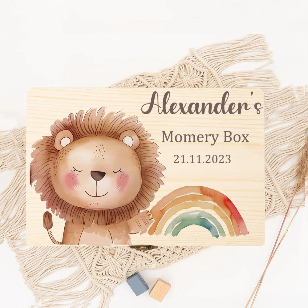 Personalized Keepsake Box Custom Name Memory Boxes Animal rainbow Print Wood Kid Memories Case Custom Child Birthday Shower Gift