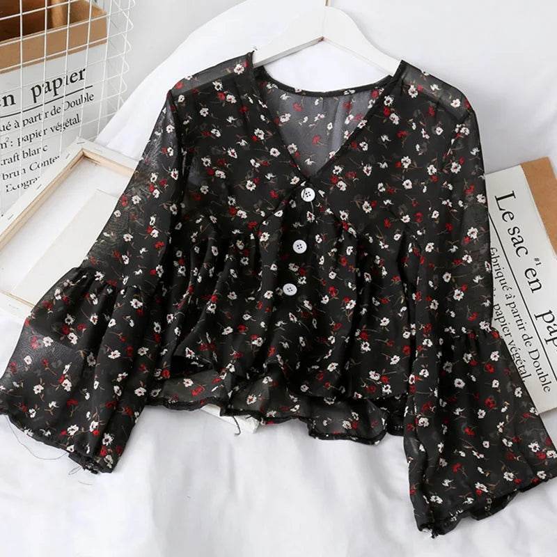 Blouses Women Temperament V Neck Floral Print Sweet Small Fresh Long Sleeves Chiffon Shirt Autumn All-match Short Crop Top - AIAZ