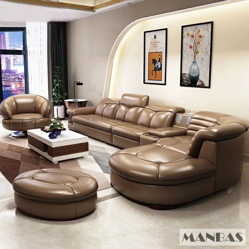Luxury L-Shaped Genuine Leather Sectional Sofa Sets with USB, Bluetooth Speaker - Linlamlim Living Room Italian Leather Couches