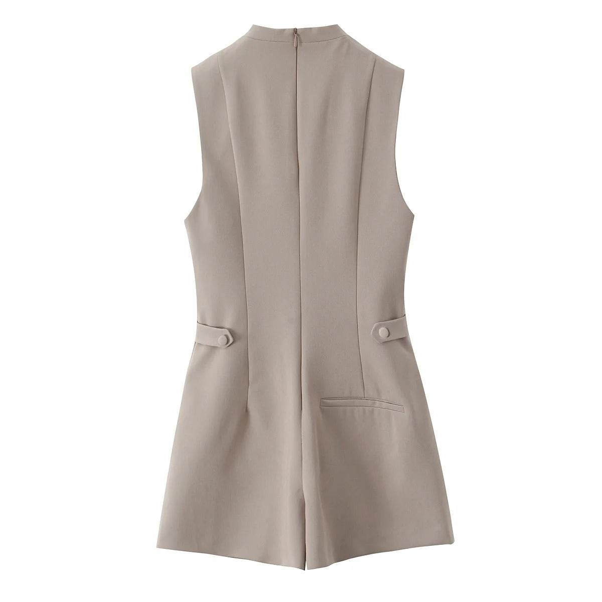 TRAFZA Women Fashion Sleeveless O Neck Slim High Waist Jumpsuits Woman Casual Summer Solid Elegant Single breasted Playsuits - AIAZ