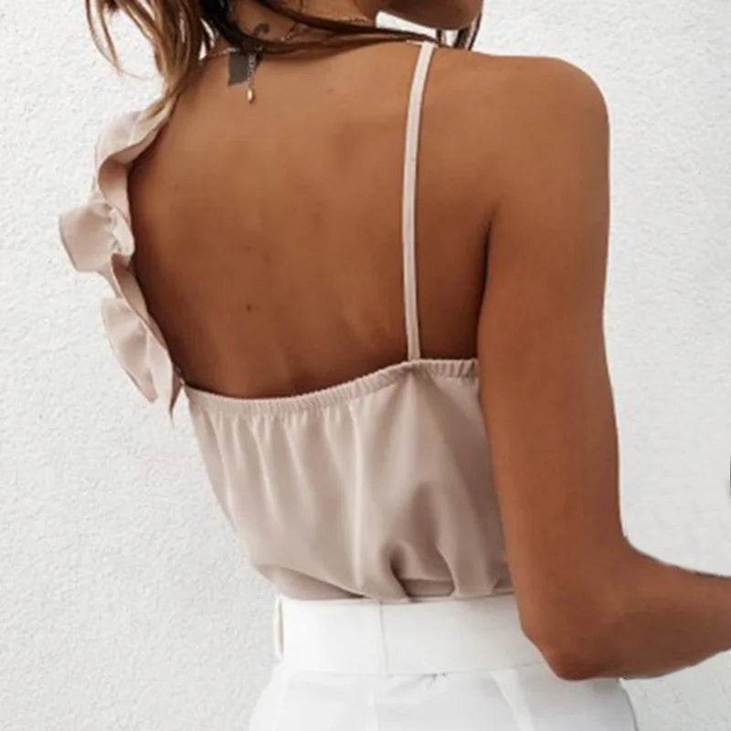 Women's summer shirt sexy V-neck ruffled shirt asymmetrical backless thin shoulder strap office women's sleeveless casual top - AIAZ