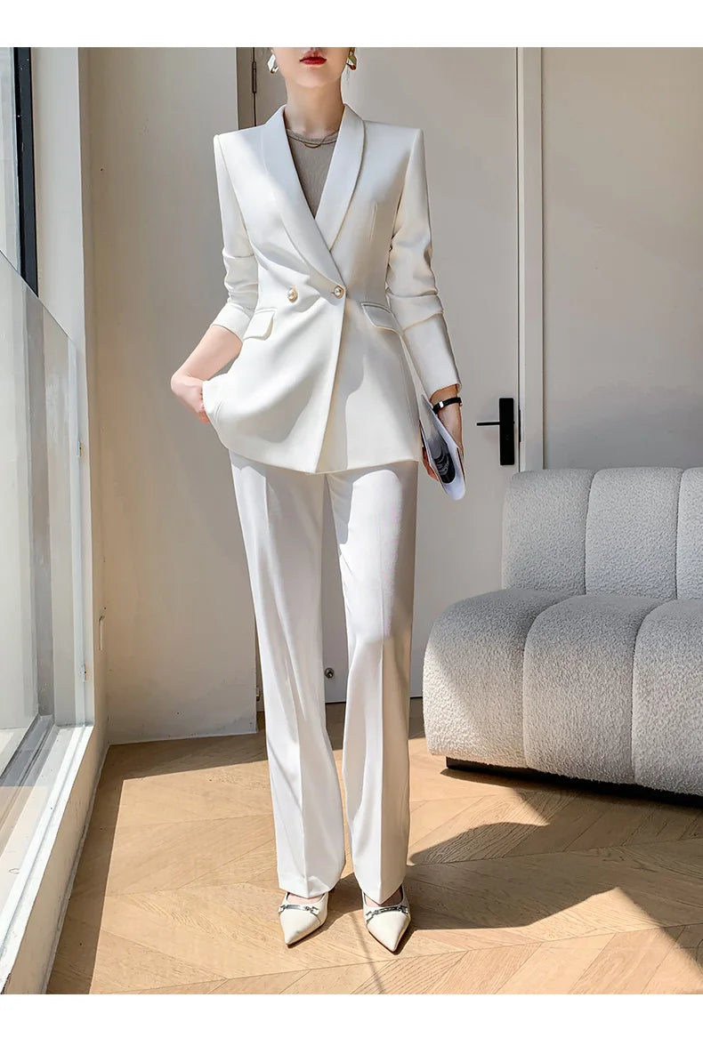 Solid White Suit Women 2025 New Spring Autumn Flares Pants High-Grade Slimming Business Clothing Sets Formal Suits Overalls