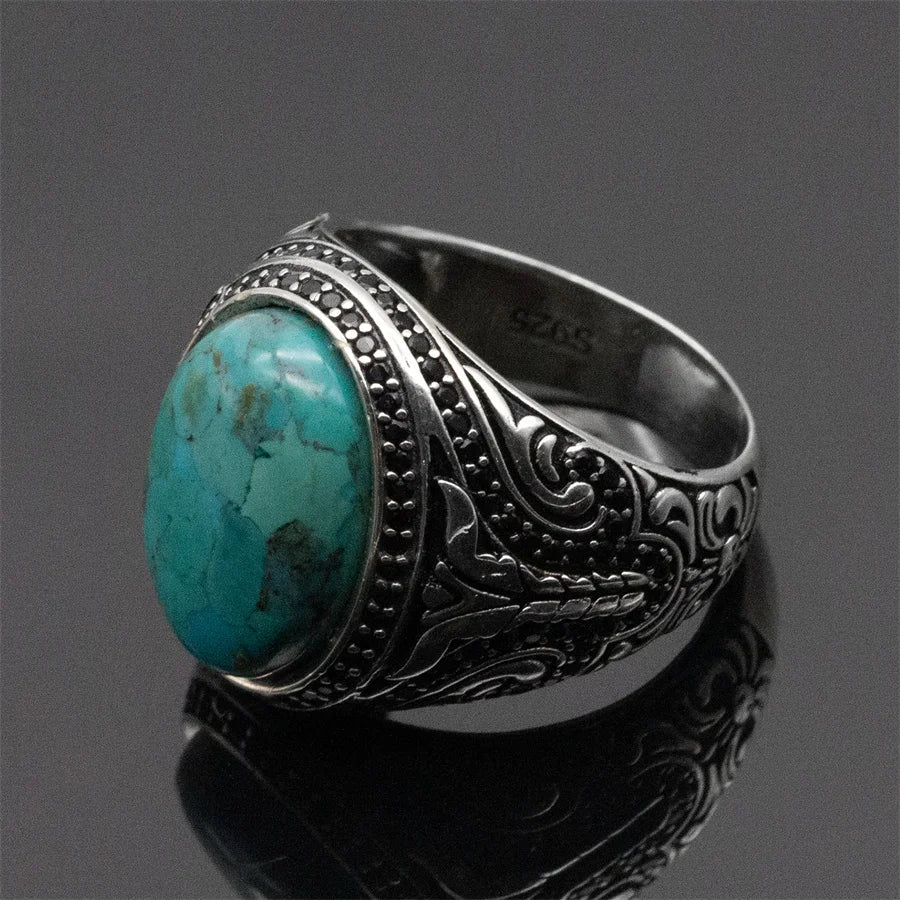 Natural Turquoise Stone Ring Men Pure Sterling Silver 925 Gemstone Ring Men Turkish Handmade Jewelry