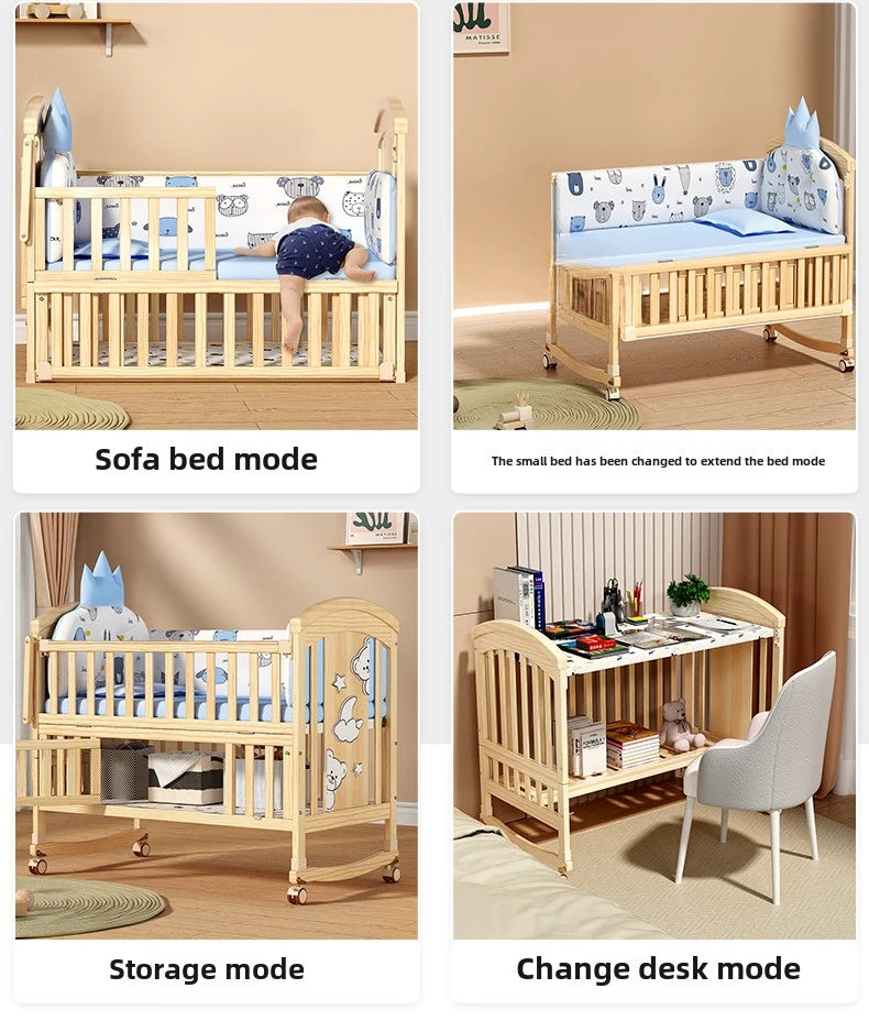 Crib Solid wood newborn baby cradle Multifunctional paint-free movable children's splicing bed air mattress 103 cm long