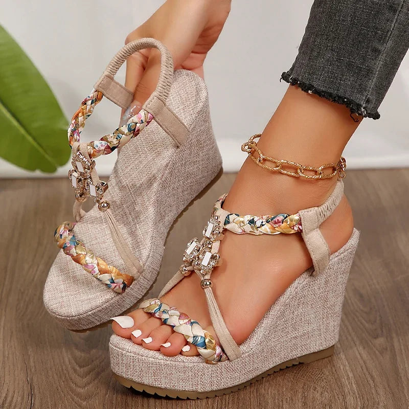 Metal Decoration Wedge Heel Sandals for Women 2025 Summer Chunky Platform Sandals Woman Thick Bottom Printed Bohemian Sandalias