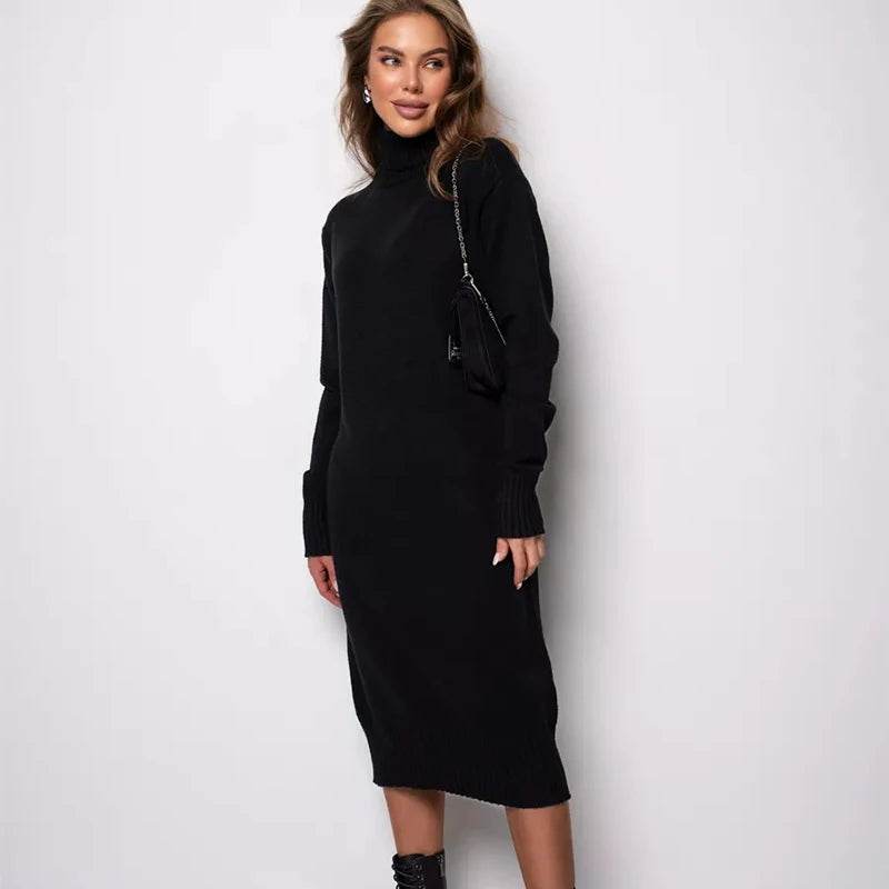 Ribbed Turtleneck Knitted Dress Women Autumn Winter Basic Long Sleeve Sweater Dress Woman Solid Color Long Dresses Female - AIAZ