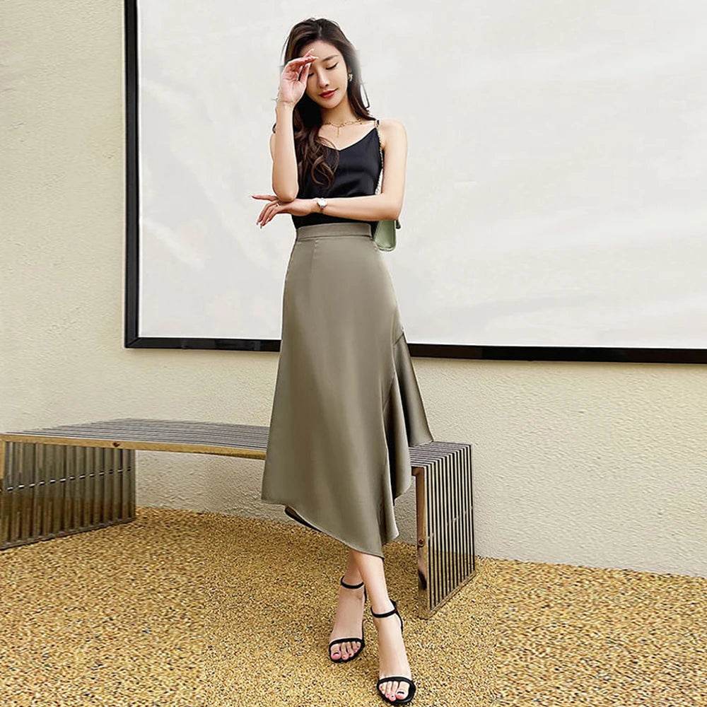 Elegant High Waist Satin Skirts Women Irregular Mermaid Skirt Fashion Streetwear Casual A-Line Skirts Office Lady Long Skirts - AIAZ