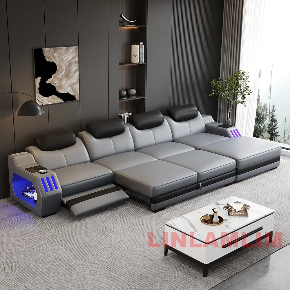 Modern L-Shaped Sectional Sofa Bed with Adjustable Headrests & LED Lights, Genuine Leather Recliner Couch with Storage & USB