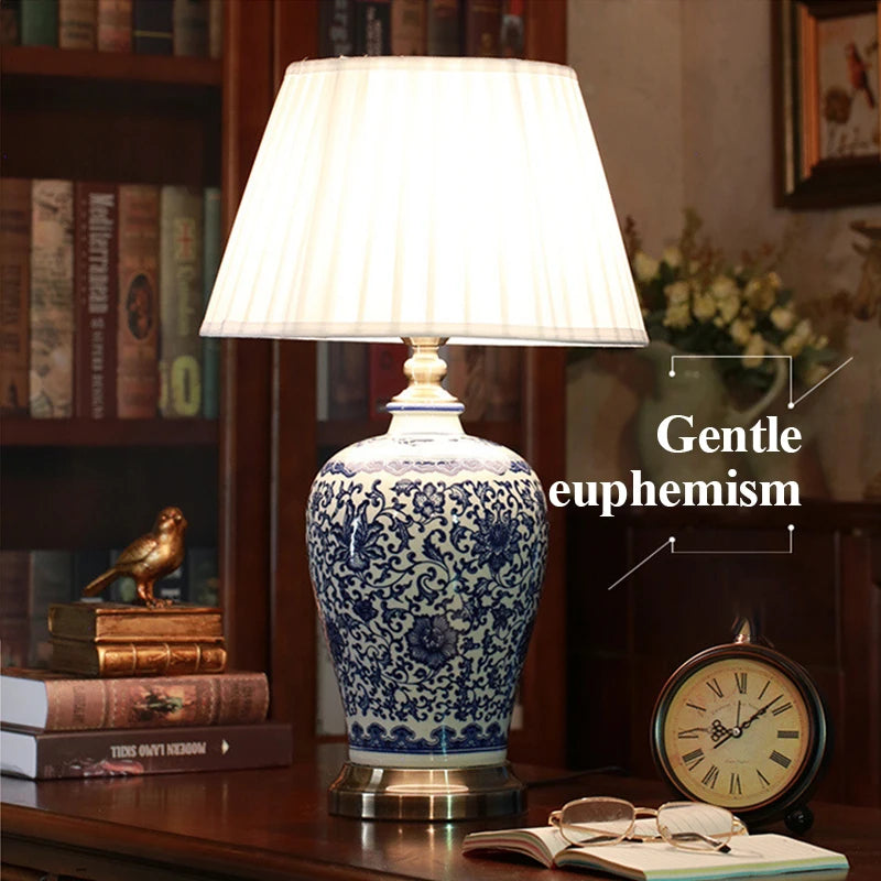 ANITA Modern Ceramics Table Lamps LED Dimming Chinese Blue And White Porcelain Desk Light for Home Living Room Bedroom