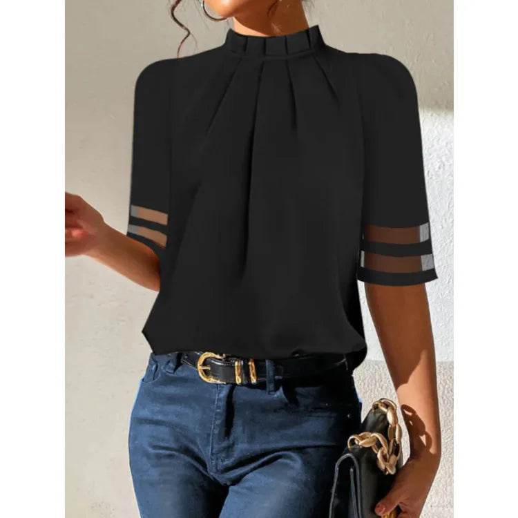 Women's Fashion Black Short-sleeved Shirt Ladies Elegant Casual Turtleneck Top Simple Shirts Women Clothes Summer New 2025 - AIAZ