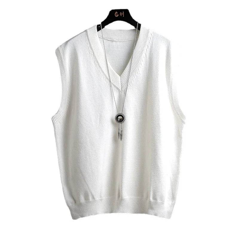Autumn and Winter Sweater Vest, White Loose Solid Color Thin Waistcoat Casual Waistcoat - AIAZ