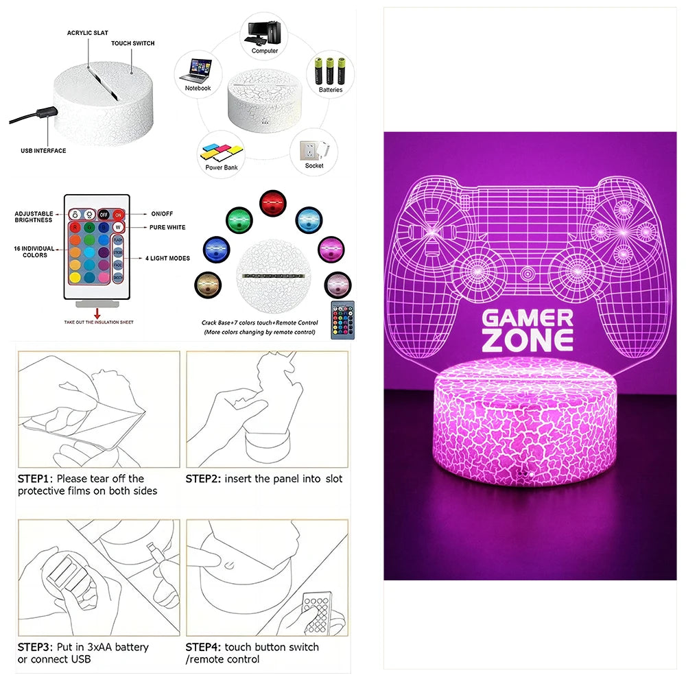 NEON GAMER 3D Lamp LED Night Light Gaming Setup RGB Children's Lamps Gamer Room Decoration Bedroom Table Lamp Personalized Gifts