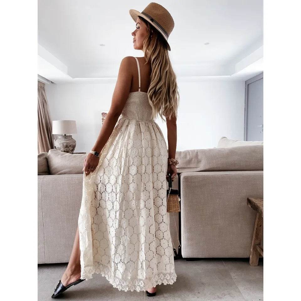 Women's Dress White Hollow Out Cotton Sundress Lace Sleeveless Long Splicing Summer Party Elegant Evening Woman Skirt Clothing - AIAZ