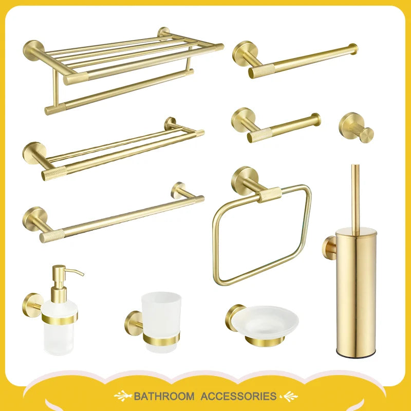 Brushed Gold Stainless Steel Wall Mount Towel Bar Towel Ring Paper Holder Bathrobe Hook Toilet Brush Bathroom Accessories