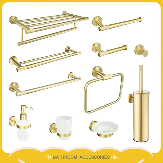 Brushed Gold Stainless Steel Wall Mount Towel Bar Towel Ring Paper Holder Bathrobe Hook Toilet Brush Bathroom Accessories