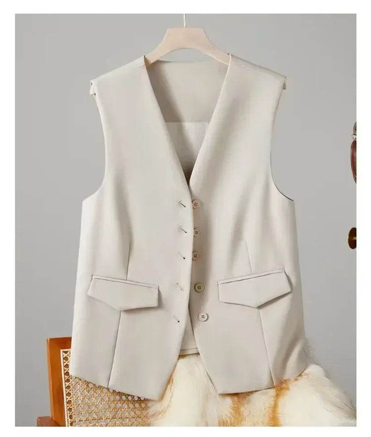 Women Suit Vest Elegant Women's V Neck Business Vest Sleeveless Waistcoat for Office Commute Style Solid Color Single-breasted - AIAZ