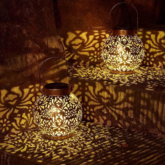 LED Outdoor Solar Hanging Lantern Lights Waterproof Tabletop Solar Lights with Handle Moroccan Lanterns Metal Decorative Garden