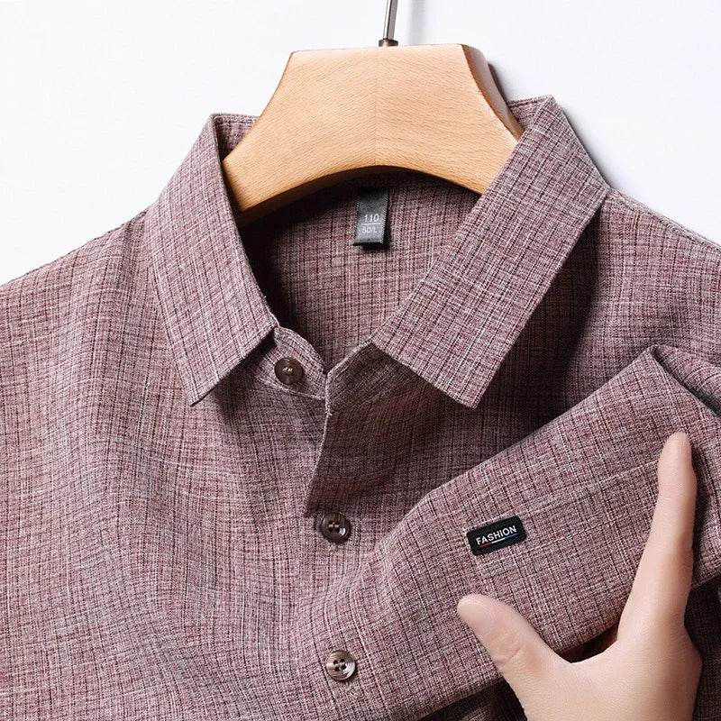 2025 Men's Business Casual Plaid Linen Short Sleeved Shirt Comfortable Top - AIAZ