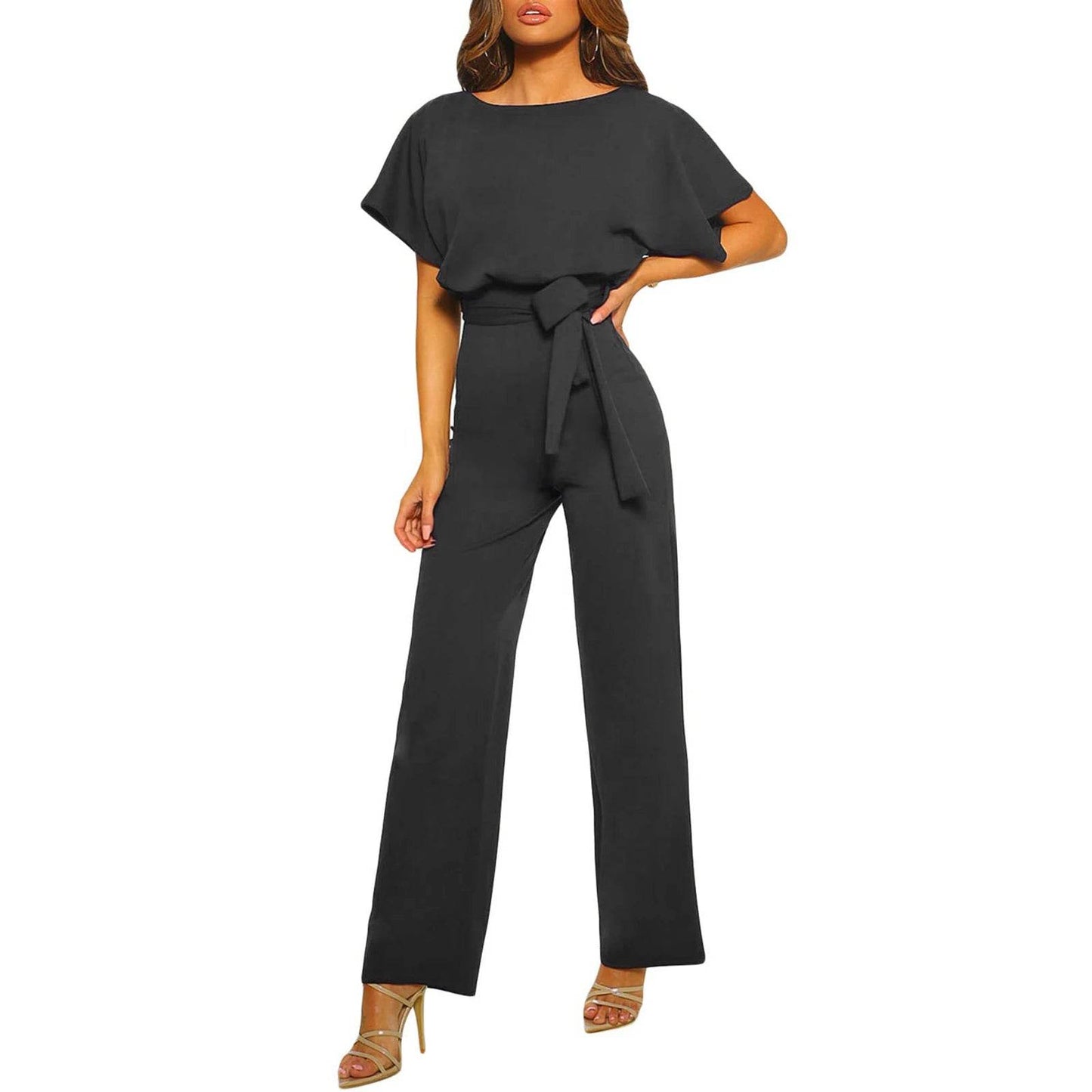 Women's clothing summer 2024 Jumpsuit, Elegant Short Sleeve Hollowed Waist Tie Solid Summer Wide Leg Pants - AIAZ