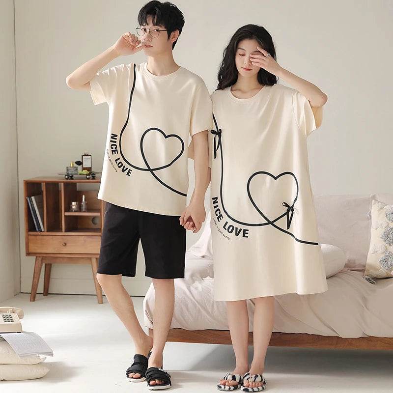 Summer Couple Pajama Sets 100%Cotton Men Short Sleeve Pyjamas Sexy Women Nightgown - AIAZ
