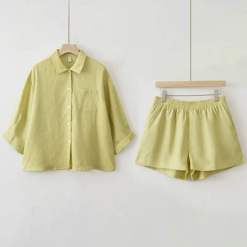 Women 2025 Summer Casual Linen Blouse Shorts Sets - AIAZ