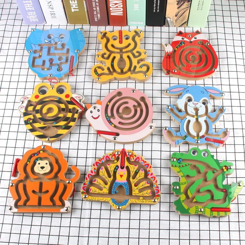 Kids Magnetic Maze Toy Mini Wooden Interactive Maze Pen Driving Beads Maze Puzzle Board Game Eduactional Toys for Toddlers Baby