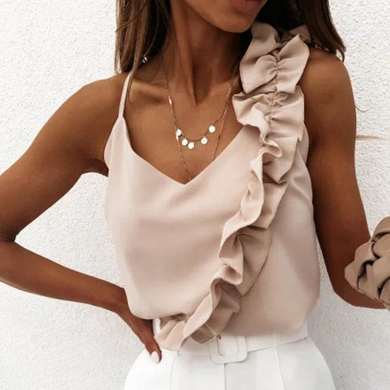 Women's summer shirt sexy V-neck ruffled shirt asymmetrical backless thin shoulder strap office women's sleeveless casual top - AIAZ