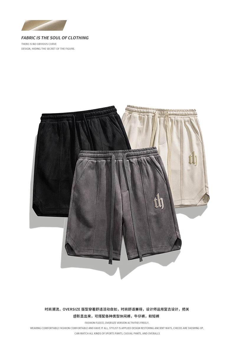 2025 Summer Suede Shorts Men's Trendy Brand Versatile High Street Printed Loose and Simple Five Quarter Pants - AIAZ
