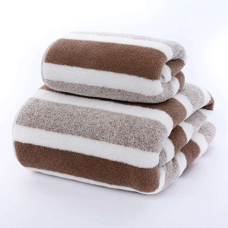 2PCS Thickened Absorbent Bath Towel Striped Pattern Towel Set Soft Face Towel for Home Bathroom Spa Quick Drying Microfiber