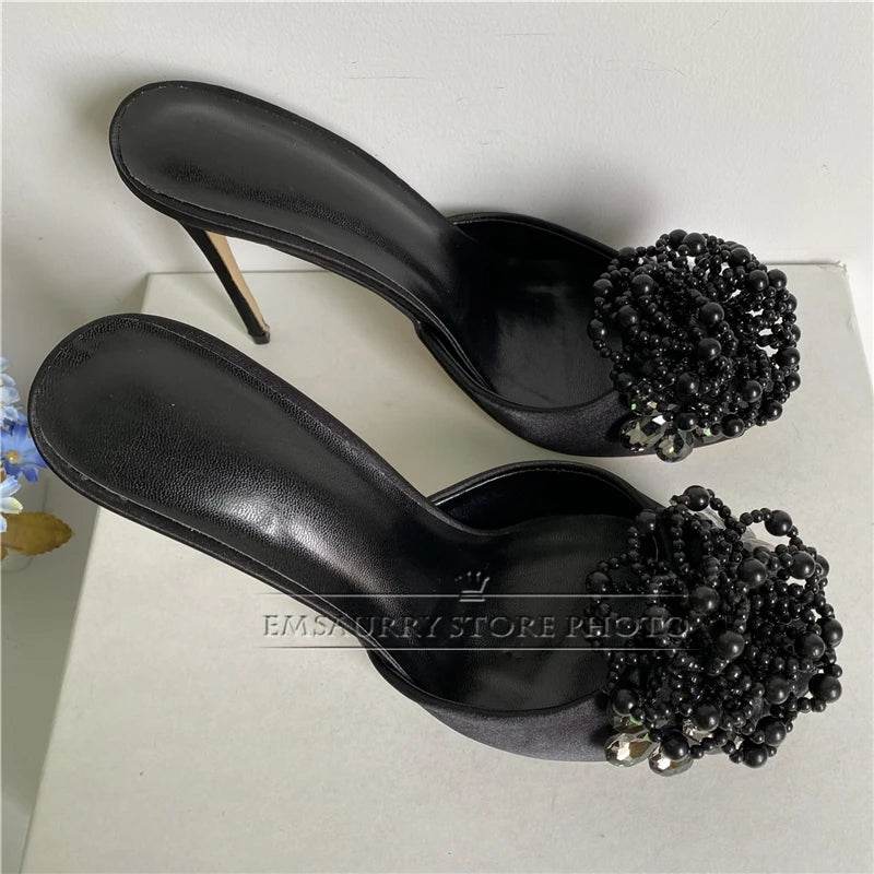 Crystal Beads Flower Decor Sandals Women 10cm Stiletto Heel Slingbacks Luxury Satin Summer Mules For Girls - AIAZ