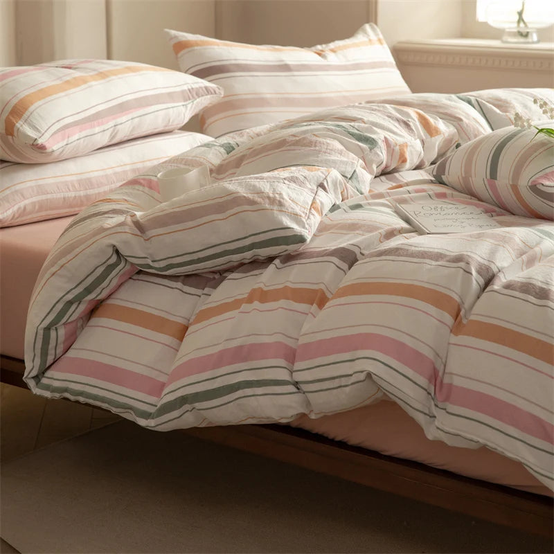 Striped Duvet Cover Set Queen 100% Washed Cotton Bedding Set, Luxury Soft Pink Vertical Ticking Stripes Comforter Cover, (3pcs)